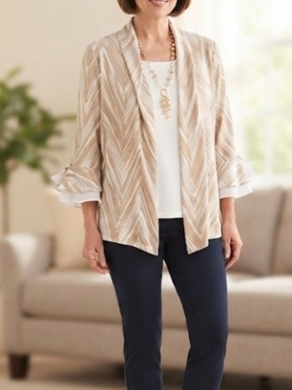 Alfred Dunner Cream and Tan Chevron Open-Front Cardigan